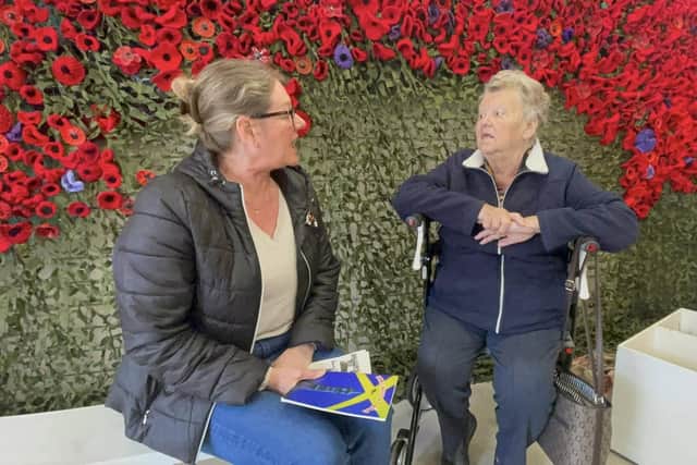 Maureen Barrand, 86, speaks to Steph Marsh at the Poppy Shop in Skegness about her memories of war.