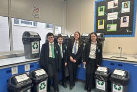Eco-Committee members with the waste paper recycling bins (from left) Kayden Wylie, Harley Chancy, Paige Thomas and Sophie Gill.