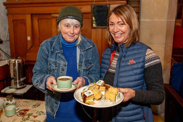 Sue Tuxworth and Sue Riddel on the tea and cake stall at Edlington Snowdrop Festival.