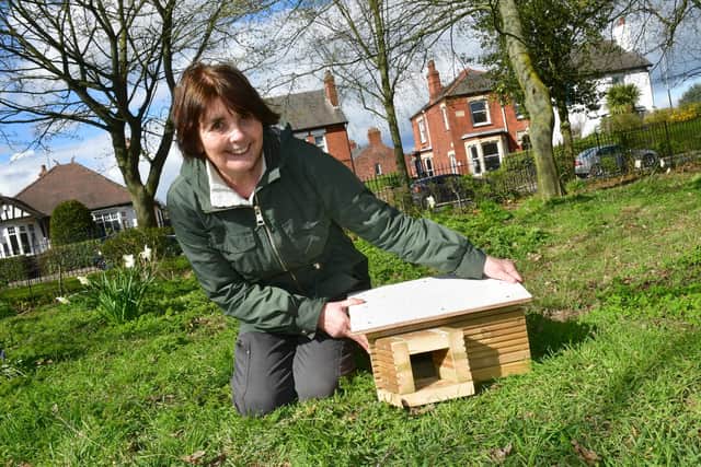 Jackie Lane, of Lincolnshire Community and Voluntery Service, with a hedgehog house.