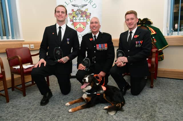 Sleafordian of the Year Award for: L-R, Ben Clarke, Neil Woodmansey and search dog Colin, and Colin Calam. Photos by David Dawson