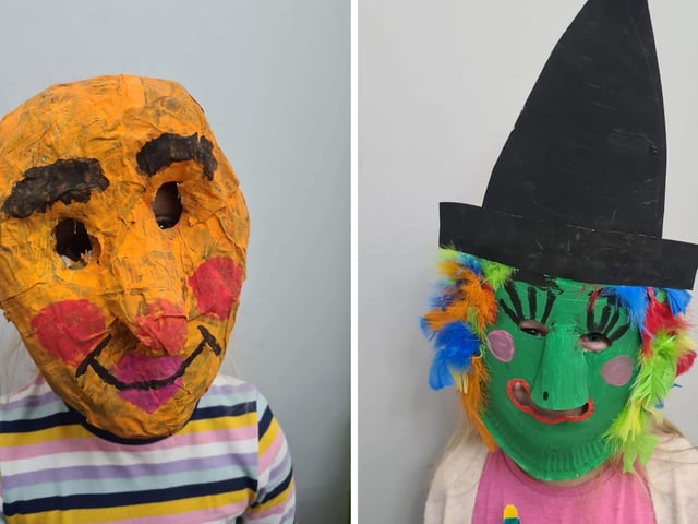 Two of the masks made by Lithuanian children in Boston for the upcoming festival.