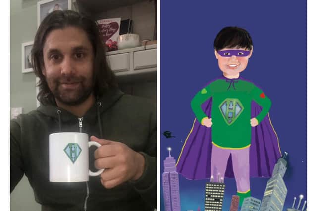 Ric is pictured with a Superhero mug, and an illustration of Hugo from the book