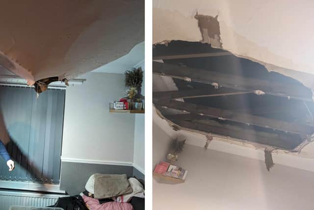 Left; The huge ceiling bulging with the weight of the water leaking from the roof above. Right: After a section of the damaged ceiling was safely removed.