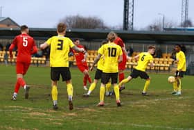 Charlie Ward fires home Sleaford's second goal at Hucknall. Photo: Steve W Davies Photography.