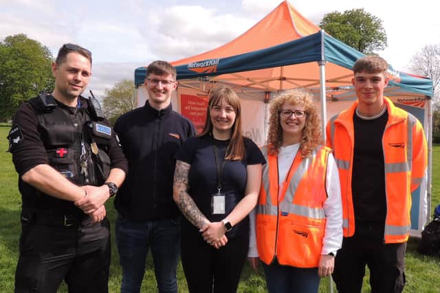 Helping to get across the right message at the railway safety awareness event on Boston Road Recreation Ground in Sleaford. From left - British Transport Police Sergeant Ryan Morris, Matt Williams (Network Rail), Community Safety manager Hayley Manners (Network Rail), Julie Evans and Tom Concar of Network Rail.