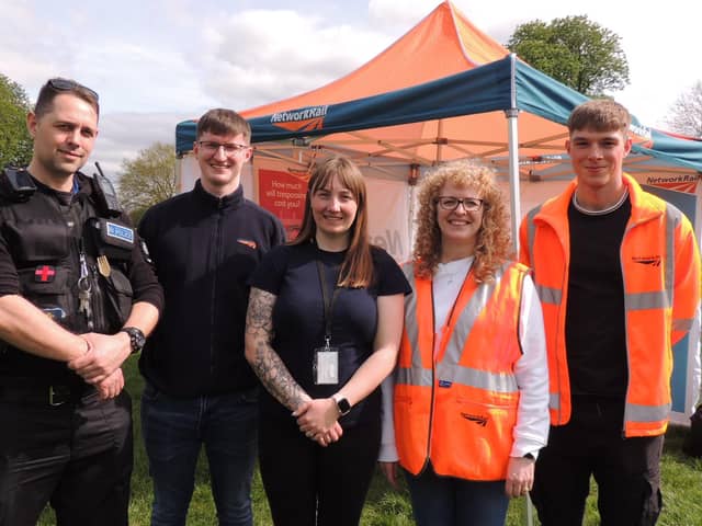 Helping to get across the right message at the railway safety awareness event on Boston Road Recreation Ground in Sleaford. From left - British Transport Police Sergeant Ryan Morris, Matt Williams (Network Rail), Community Safety manager Hayley Manners (Network Rail), Julie Evans and Tom Concar of Network Rail.