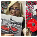Tracy Turner (left) proudly displaying the Remembrance display at the Clock Tower and (right) the Vice Lord Lieutenant  of Lincolnshire Andrew Clark sat on the throne in the Poppy Shop.