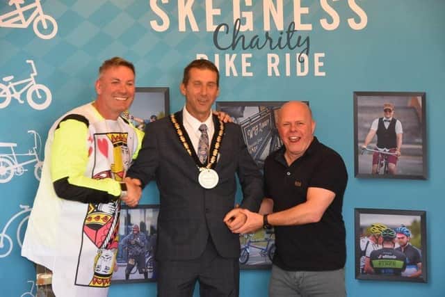 Mayor of Skegness Coun Adrian Findley welcomes the bikers. Photo: Barry Robinson