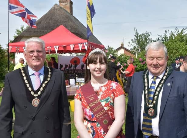 Mayor of Skegness Coun Tony Tye, Carnival Queen Summer Crane and Deputy Mayor Pete Barry at the 1940s Weekend.