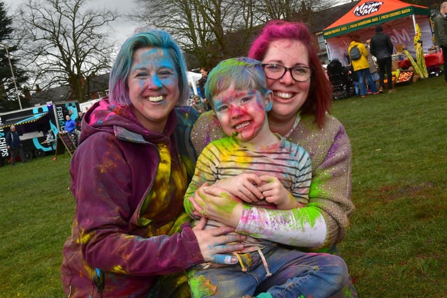 Colourful smiles: Tracey Watson, Archie Humphreys, aged four, and Claire Humphreys.
