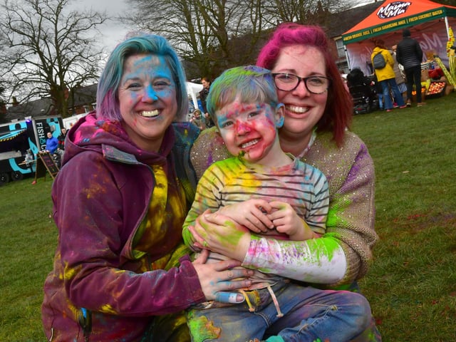 Colourful smiles: Tracey Watson, Archie Humphreys, aged four, and Claire Humphreys.