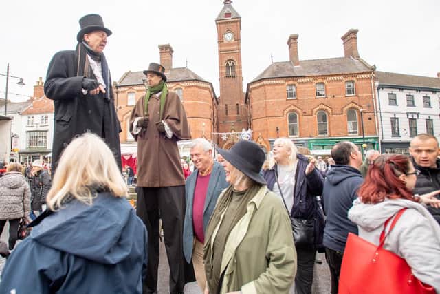 Stilt-walkers at the Louth BIg Christmas Market.