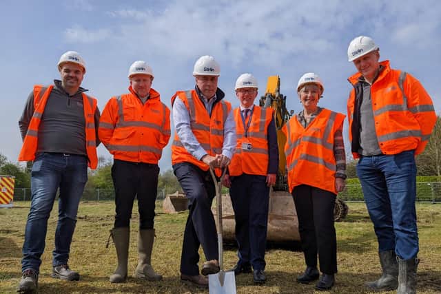 Louth office groundbreaking, from left: Gareth Avery (Stirlin), James Kirby (Stirlin), Adrian Reynolds (Duncan & Toplis), Jim (Wilkin Chapman), Flora Bennett (Wilkin Chapman), Tony Lawton (Stirlin)
