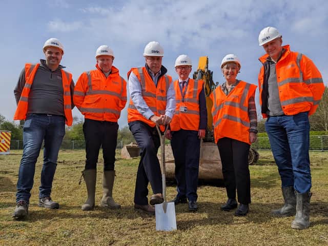 Louth office groundbreaking, from left: Gareth Avery (Stirlin), James Kirby (Stirlin), Adrian Reynolds (Duncan & Toplis), Jim (Wilkin Chapman), Flora Bennett (Wilkin Chapman), Tony Lawton (Stirlin)