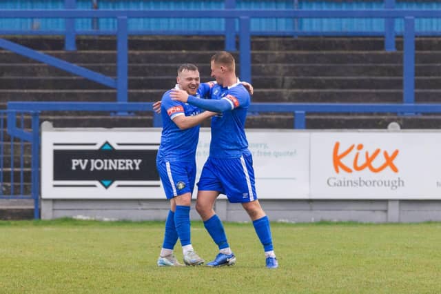 Fraser Preston celebrates a goal against Blyth on Saturday. Photo by Sean Cook (Foxby Media).