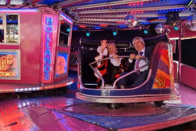Boston Mayor Anne Dorrian and her consort David Middleton try out the waltzers at May Fair.