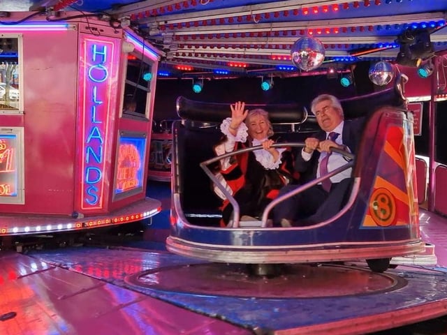Boston Mayor Anne Dorrian and her consort David Middleton try out the waltzers at May Fair.