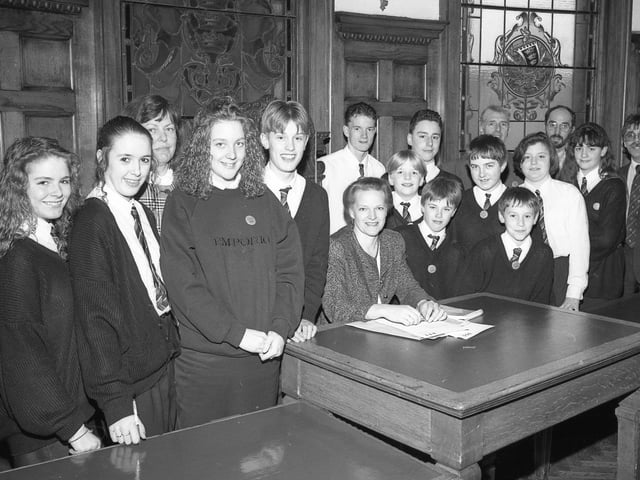 School council members from Haven High, Boston, swapping their regular venue for the Municipal Buildings, in West Street. They are pictured with headteacher Madeleine Fox, who chaired the meeting, plus other staff.