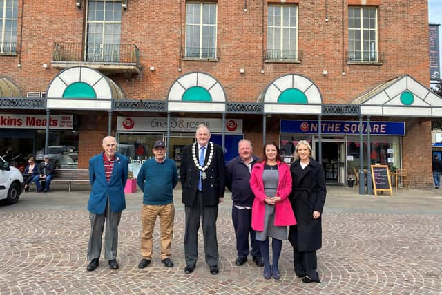 Coun Keith Panter, Coun Dennis Dannatt, Mayor Pat O'Connor, Coun Paul Key, Jodie Pacey, centre manager at Marshall's Yard and Melissa Cutforth, assistant centre manager at Marshall's Yard.