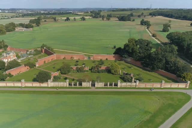 Current aerial view of Harlaxton Manor Walled Garden