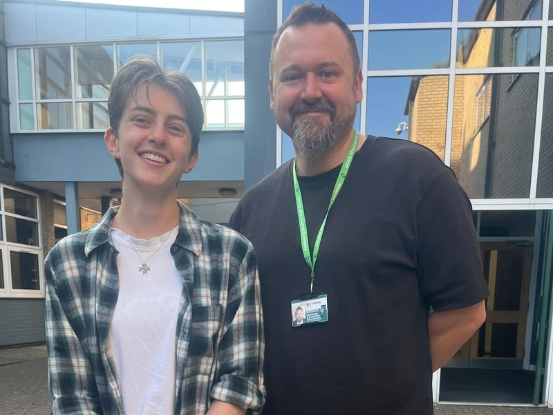 Gale Harrison with her proud English teacher James Cassidy collecting her A level results. Photo: KSHS