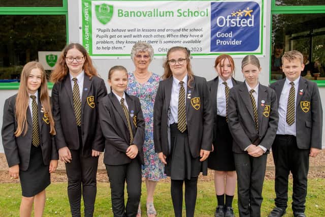 Banovallum's first head girl Shirley Audis with some of the current year 7 at Banovallum's Diamond Jubilee.