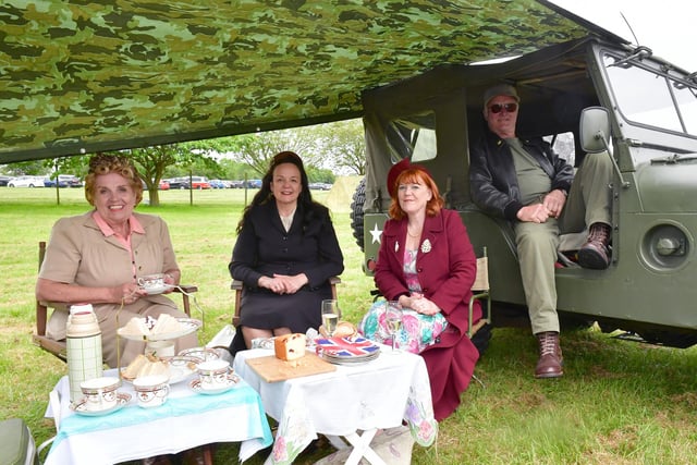 Anyone for tea?: Anne Dyson, Angela Childs and Louise Purkiss of Yorkshire with  Ian Banyard of Lancashire.