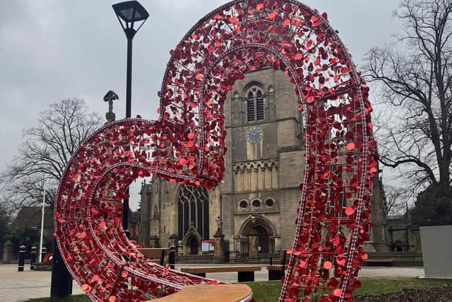 The heart seat pictured today in Sleaford's Market Place, looking towards St Denys' Church.