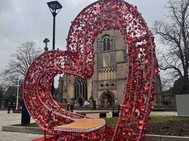 The heart seat pictured today in Sleaford's Market Place, looking towards St Denys' Church.