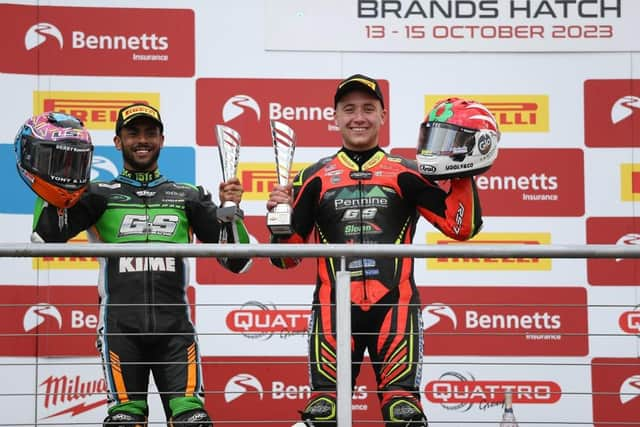 Asher Durham (L) and Sam Laffins celebrate on the podium. Pic : David Yeomans