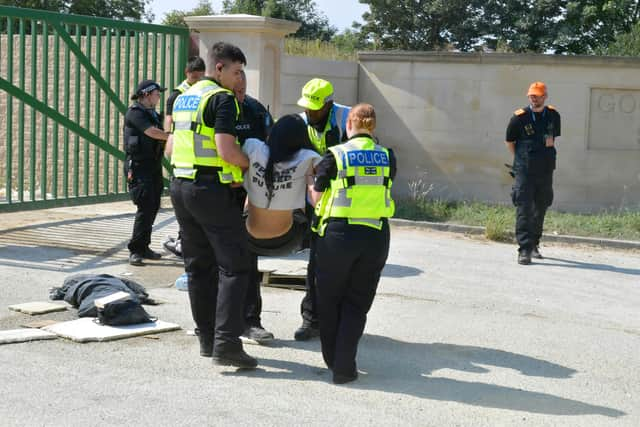 A protestor being carried away by police.