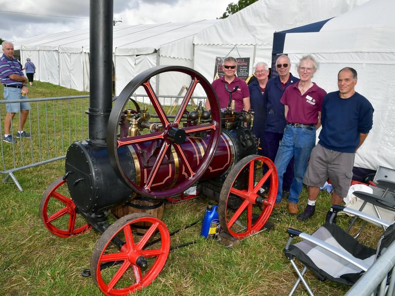 L-R John Cook, Roger Mitchell, Martin Willis, Jim Bailey, Nigel Munday of Heckington Windmill Trust with a 1884 Tuxford Portable Steam Engine