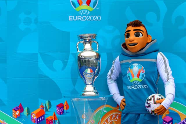 Will England lift the UEFA Euro 2020 Trophy, pictured with The Mascotte Skillzy (Photo by Paolo Bruno/Getty Images)