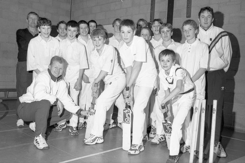 Thirteen and 14-year-old pupils at Boston Grammar School during a cricket coaching session. The youngsters are pictured with PE teacher Nigel Wainwright (back left), Lincolnshire cricket captain Mark Fell (left, kneeling), and Lincolnshire school liaison officer James Brindle.