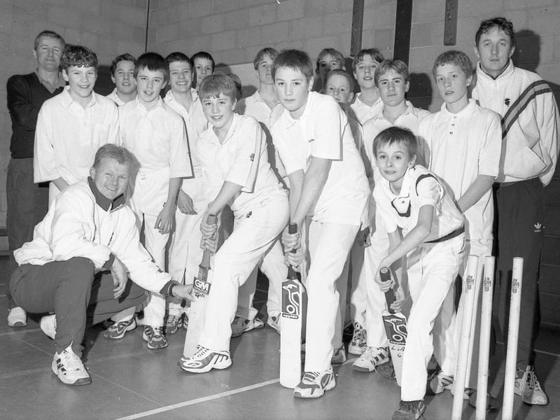Thirteen and 14-year-old pupils at Boston Grammar School during a cricket coaching session. The youngsters are pictured with PE teacher Nigel Wainwright (back left), Lincolnshire cricket captain Mark Fell (left, kneeling), and Lincolnshire school liaison officer James Brindle.