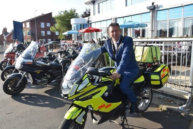 Mayor of Skegness Coun Adrian Findley on a blood bike at a charity night at The Ship and Atlantic Bar in Skegness.