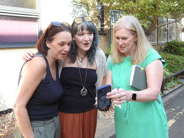 Kesteven and Sleaford High School student Lydia Ireland celebrates with mum and headteacher Jo Smith (right).