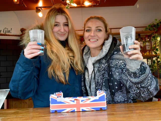 Raising a glass - Emma Gascoyne and Hannah Woolley, of Sipwell Bars and Events, Boston, at the Jubilee event in the Market Place.