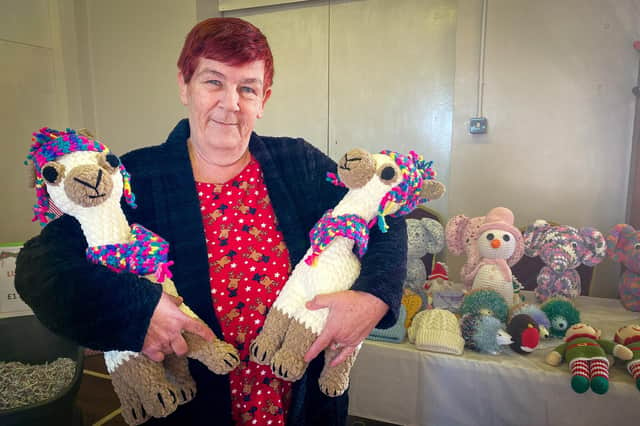 Linda Mercer with llamas she's crocheted to raise funds for Grimsby Hospital's Healthtree Foundation.