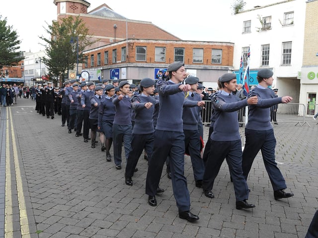 Air cadets parading through Boston town centre as part of an event held to mark Battle of Britain Sunday 2014.