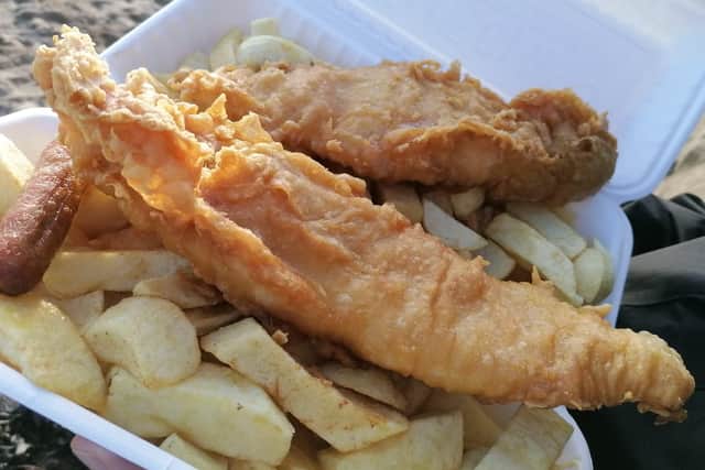 Delicious fish and chips on the beach from The Famous Fish Pan.