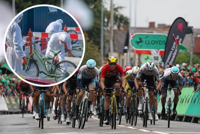 (Inset) Bikes are being sprayed green to display along the race route. Main image: The Tour of Britain Men's Race (Getty).