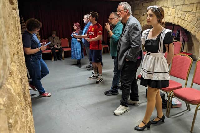 Boston Playgoers in rehearsal for their latest production, which opened at Blackfriars Theatre this week.
