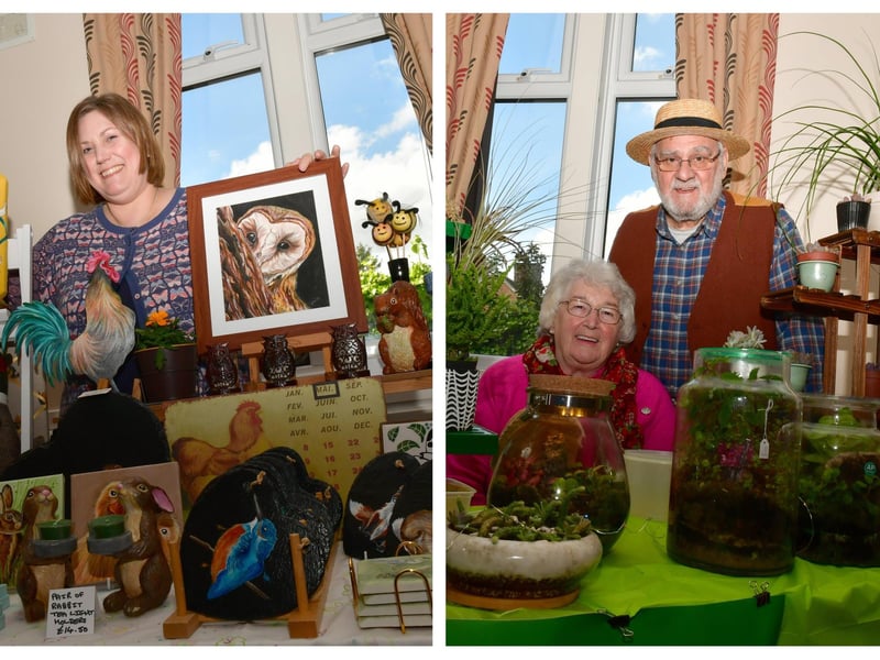 L-R Donna Watts of Tattershall with her hand painted crafts and Jim Barley and Jean Hendry of Little Garden Terrariums, Cranwell, at the South Kyme Spring Fayre. Photo: David Dawson