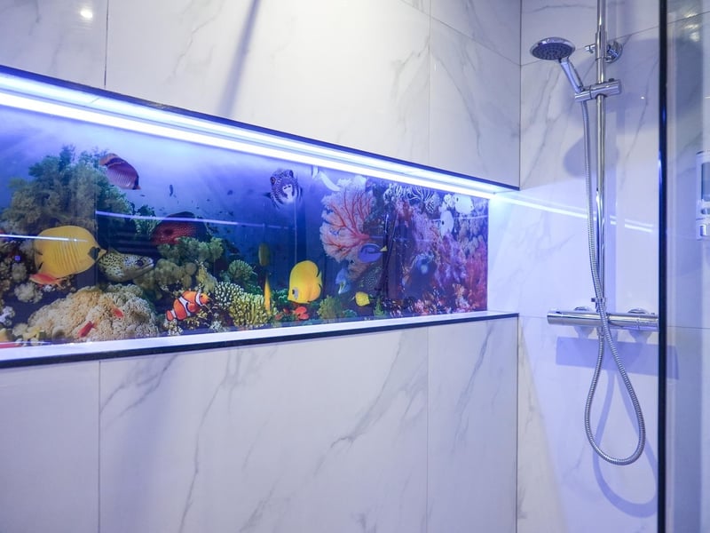An aquarium design makes a great focal point in this shower