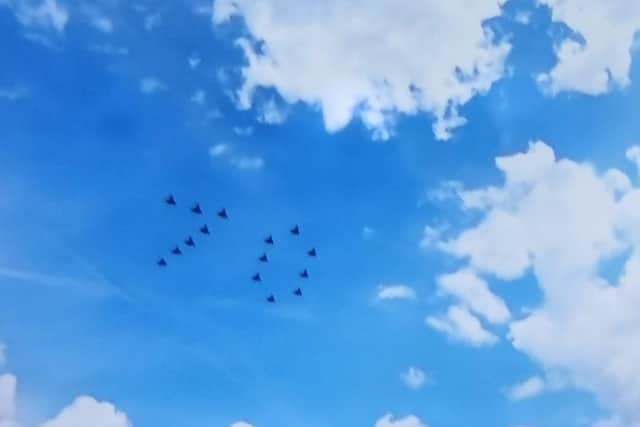 Typhoons from Lincolnshire in a 70 formation over Buckingham Palace for the Queen's Platinum Jubilee flypast.