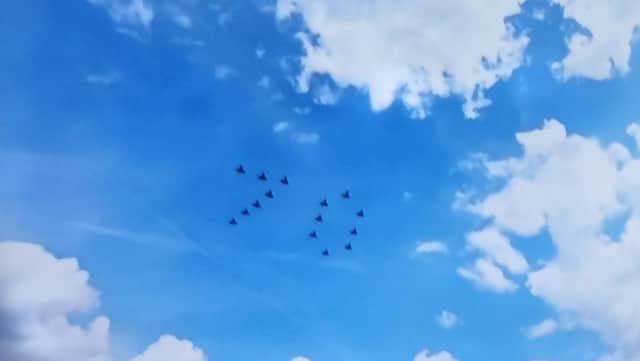 Typhoons from Lincolnshire in a 70 formation over Buckingham Palace for the Queen's Platinum Jubilee flypast.