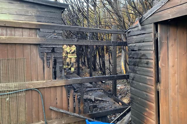 Fire damage caused in one of the gardens - with members of the fire brigade in the background.