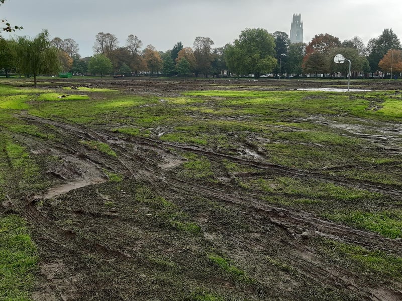 Tyre marks in the park's surface.